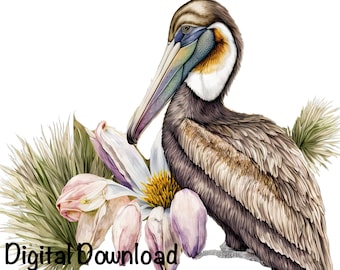 Pelican Watercolor Clipart Louisiana Brown Pelican Magnolia Flowers PNG Commercial Use LA Pelican Graphic Flowers Design Illustration Print