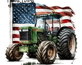 Farm Tractor Watercolor US Flag Tractor Boys Clipart American Farm PNG Commercial Use Farming Tractor Patriot Farmer Watercolor Illustration