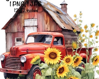 May include: A red vintage pickup truck parked in front of a red barn with a rusty metal roof. The truck is surrounded by sunflowers with green leaves. The image includes the text "Digital Download 1 PNG, 1 JPG 12 x 12 inches".