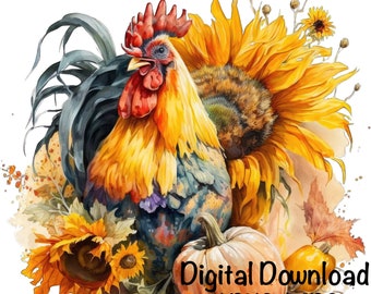 Rooster PNG Fall Thanksgiving Sublimation Rooster Sublimation png Cute Rooster Sunflowers Fall Flowers PNG Commercial Use Digital Download