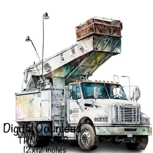 Bucket Truck Watercolor, Lineman Truck Boys Clipart Nursery Décor Lineman Bucket Truck PNG Commercial Use Vehicles Watercolor Illustration
