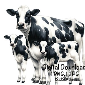 Holstein Cows Watercolor Clipart Milk Cows Mama Cow PNG Commercial Use Mom & Calf Farm Barnyard Dairy Cow PNG Sublimation Illustration Print