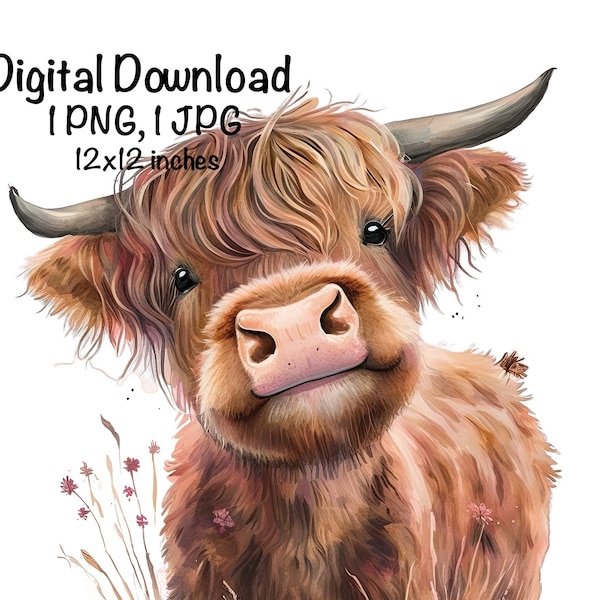 Highland Cow Watercolor Clipart Cute Highland Cow Funny Baby Cow PNG Commercial Use Scottish Cow Graphic Design Illustration Print PNG