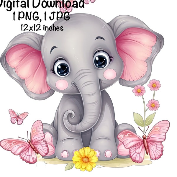 Cute Elephant clipart Safari Animals Elephant PNG Elephant Pink Butterflies Flowers Sublimation Adorable Elephant Print Zoo Jungle Animals