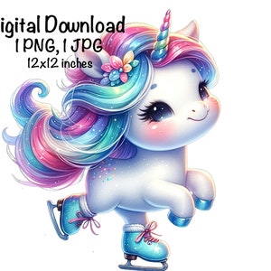May include: A digital download of a cartoon unicorn ice skating. The unicorn has a pink, blue, and green mane and tail. It is wearing blue ice skates with pink laces. The unicorn is 12x12 inches.
