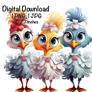 May include: Three cartoon chicks wearing dresses and bows. The chick on the left is white with a red bow, the middle chick is yellow with a pink bow, and the chick on the right is blue with a white bow.