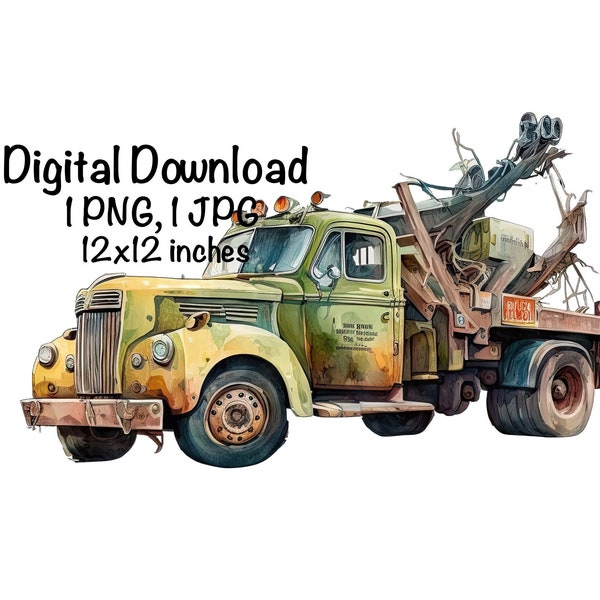 Tow Truck Watercolor, Tow Truck Boys Clipart Nursery Décor Towing Truck PNG Commercial Use Tow Truck Driver Vehicles Watercolor Illustration