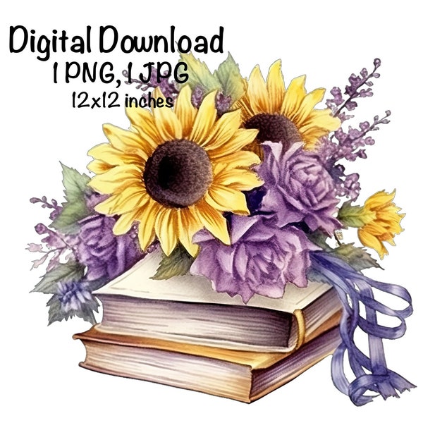 Books Sunflowers Purple Asters Watercolor Graduation Clipart Flowers Grad Graduate Gift Art Graduation Commercial Use Colorful Illustration