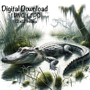 Alligator on the Bayou Watercolor Swamp Boys Girls Clipart Wall Art Alligator Swamp Landscape PNG Sublimation Swamp Hunting PNG Illustration