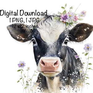 Dairy Milk Cow Watercolor Clipart Highland Cow Daisy Flowers PNG Commercial Use Farm Milk Cow Graphic Dairy Cattle Design Illustration Print