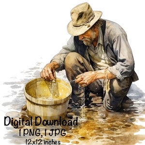 Gold Panning PNG Gold Mining Clipart Outdoor Gold Panning Watercolor Mineral Sifting Prospect Pan Sublimation Commercial Use Gold Rush Art