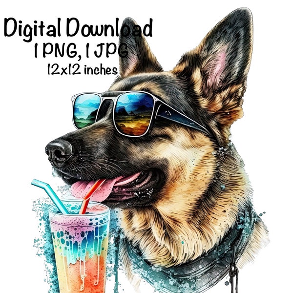 German Shepherd Dog Watercolor Clipart Sunglasses Cold Drink Cute Dog PNG Commercial Use Drinking German Dog Cute Illustration PNG Print