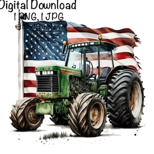 May include: A green John Deere tractor with a tattered American flag behind it. The tractor has large tires and a detailed design.