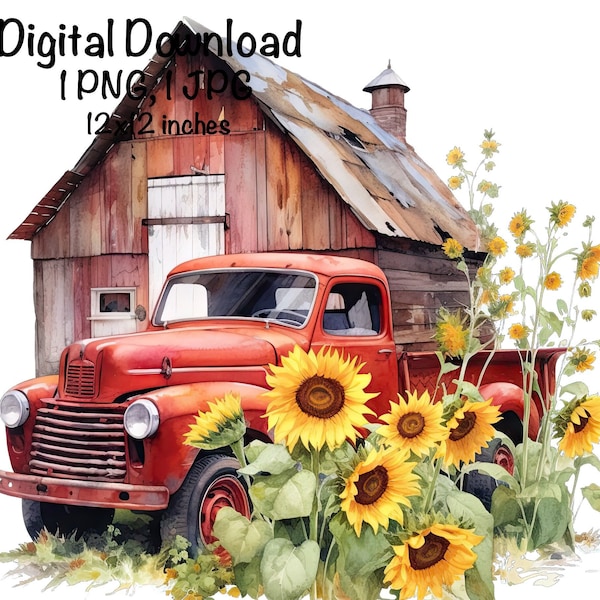 Rustic Red Farm Truck Barn Sunflowers Rustic Truck Country Farm Sublimation Design Old Farm Truck PNG Commercial Use Clipart Farmer Barnyard