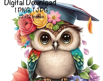 Graduation Owl Clipart Grad Student Owl PNG College Graduation Sublimation, Graduation Cap Grad Rainbow Owl Flowers Graduate Printable