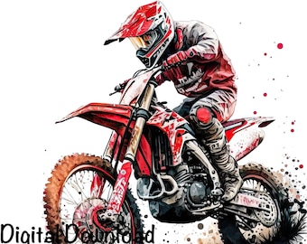 Motocross Watercolor, Red Motocross Bike Boys Clipart Off-Road Motorcycle PNG Commercial Use Racing Motocross PNG Watercolor Illustration
