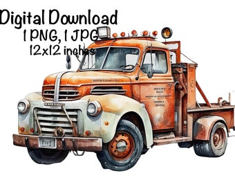 Tow Truck Watercolor, Tow Truck Boys Clipart Nursery Décor Towing Truck PNG Commercial Use Tow Truck Driver Vehicles Watercolor Illustration