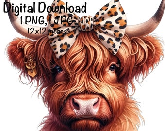 Vaca de las Tierras Altas Acuarela Clipart Linda Vaca de las Tierras Altas Leopardo Lazo Bebé Vaca PNG Uso Comercial Vaca Escocesa Diseño Gráfico Ilustración Imprimir PNG