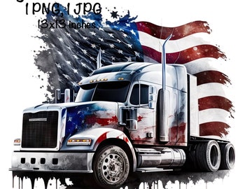 Semi Truck Watercolor Flat Bed US Flag Trucks Boys Clipart American Truck PNG Commercial Use Vehicle Patriot Trucks Watercolor Illustration