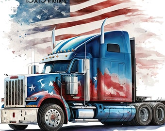 Semi Truck Watercolor Flat Bed US Flag Trucks Boys Clipart American Truck PNG Commercial Use Vehicle Patriot Trucks Watercolor Illustration