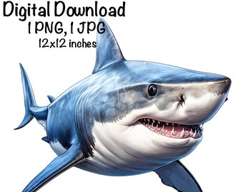 Great White Shark Watercolor Clipart Shark Sublimation PNG Commercial Use Shark PNG Cute Shark Sea Ocean Animals Design Illustration Print