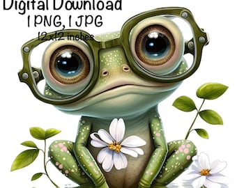 Frog, Cute Frog clipart Wood Forest Animals Frog PNG Frog Daisy Flowers Water Lilies Sublimation Frog Glasses Printable Cute Aquatic Animals