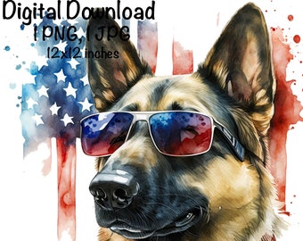 German Shepherd Dog Watercolor Clipart Sunglasses US Flag Dog PNG Commercial Use Patriotic German Dog Cute American Illustration PNG Print