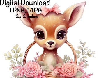 Deer Watercolor Clipart Cute Baby Deer in a Basket Baby Bambi PNG Commercial Use Adorable Baby Deer Graphic Design Illustration Print PNG