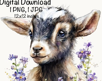 Farm Baby Goat Watercolor Clipart Goat Portrait Farmer Farm PNG Commercial Use Farm Goat Graphic Cute Goat Flowers Design Illustration Print