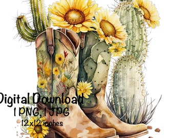 May include: A pair of brown cowboy boots with floral designs, set against a backdrop of green cacti and yellow sunflowers. The boots are 12x12 inches.