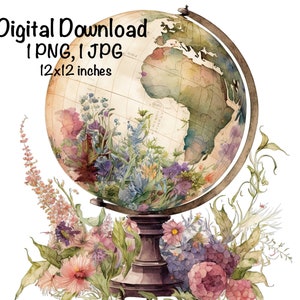 Retro Globus Aquarell Clipart Blumen Vintage Erde Globus PNG Kommerzielle Nutzung Entdecker Abenteuer Welt Blumen PNG Reise Illustration Druck
