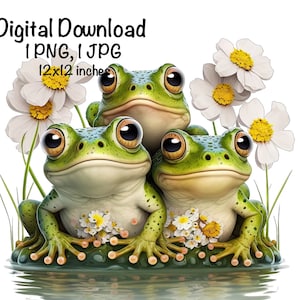 May include: Three green frogs with large eyes sit on a green lily pad surrounded by white daisies. The frogs are looking at the viewer. The image is a digital download of a 12x12 inch PNG and JPG.