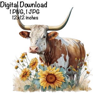 Bull Watercolor Clipart Longhorn Bull Sunflowers PNG Commercial Use Farm Rodeo Cowboy Graphic Bull Rancher Cattle Flower Design Illustration
