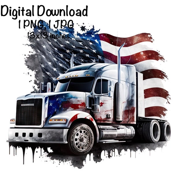 Semi Truck Watercolor Flat Bed US Flag Trucks Boys Clipart American Truck PNG Commercial Use Vehicle Patriot Trucks Watercolor Illustration