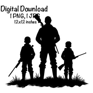 May include: Silhouette of three people, a man and two children, standing in a field. They are all holding rifles. The image is in black and white.