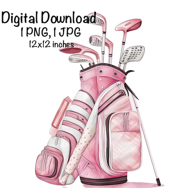 Golf Bag Watercolor Pink Golf Bag Sports Girl Clipart Nursery Golfer PNG Commercial Use Golf Accessories Golf Cart Illustration Golf Clubs