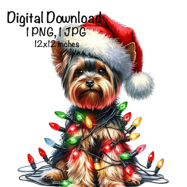 Christmas Yorkshire Terrier Puppy PNG Christmas Lights Santa Yorkie Dog Sublimation Yorkie Dog Baby Yorkshire PNG Christmas Yorkie Dog Gift