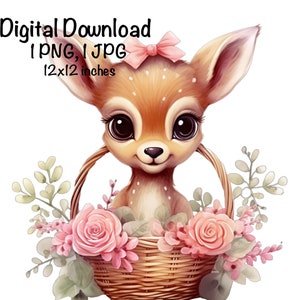 Deer Watercolor Clipart Cute Baby Deer in a Basket Baby Bambi PNG Commercial Use Adorable Baby Deer Graphic Design Illustration Print PNG