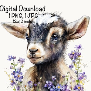 Farm Baby Goat Watercolor Clipart Goat Portrait Farmer Farm PNG Commercial Use Farm Goat Graphic Cute Goat Flowers Design Illustration Print