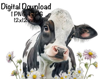Dairy Milk Cow Watercolor Clipart Highland Cow Daisy Flowers PNG Commercial Use Farm Milk Cow Graphic Dairy Cattle Design Illustration Print