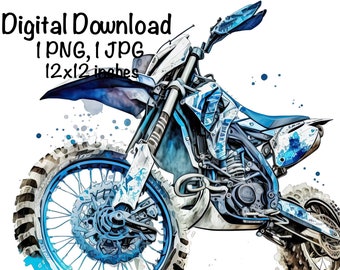Motocross Watercolor, Blue Motocross Bike Boys Clipart Off-Road Motorcycle PNG Commercial Use Racing Motocross PNG Watercolor Illustration