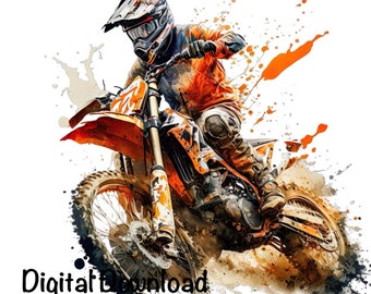 Motocross Watercolor, Orange Motocross Bike Boys Clipart Off-Road Motorcycle PNG Commercial Use Racing Motocross PNG Watercolor Illustration