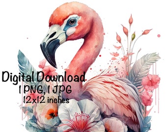 Flamingo Watercolor Clipart Pink Flamingo Exotic Flowers Hearts PNG Commercial Use Tropical Birds Design Tropical Floral Illustration Print