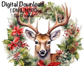 Jeleń bożonarodzeniowy PNG Wieniec bożonarodzeniowy Jeleń Sublimacja Święto PNG Prezenty świąteczne Polowanie Grafika świąteczna XMas PNG Ilustracja Jeleń Wydruk