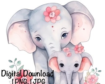 Elephant Mom & Baby clipart Safari Animals Elephant PNG, Mother's Day Flowers Sublimation Elephant Mommy Baby Printable Zoo Jungle Animals