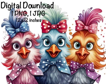 Funny Chicken PNG, Cute Chicken PNG Sublimacja, Three Crazy Chickens png, Komercyjne zastosowanie, Życie na farmie, Pobieranie cyfrowe, Chicken Chick PNG