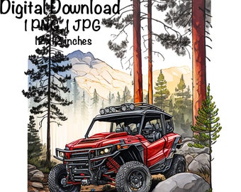 May include: A red off-road vehicle with a black roll cage and a black roof is driving through a forest. The vehicle is surrounded by trees and rocks. The background is a watercolor painting of a mountain range.