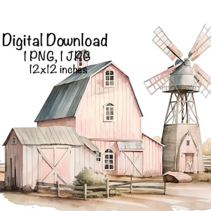 Old Farm Barn Watercolor Pink Barn Girls Clipart Wall Art Old Rustic Pastel Barn Windmill PNG Commercial Use Farming Farmer PNG Illustration