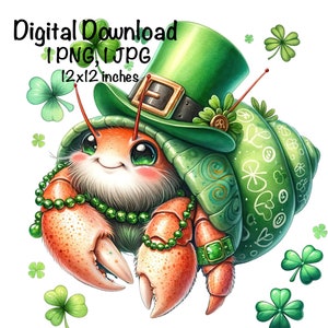 May include: A cartoon hermit crab wearing a green leprechaun hat with a gold buckle and a green shamrock on the side. The crab is wearing a green beaded necklace and has a green shamrock on its shell. The background is white with green shamrocks.
