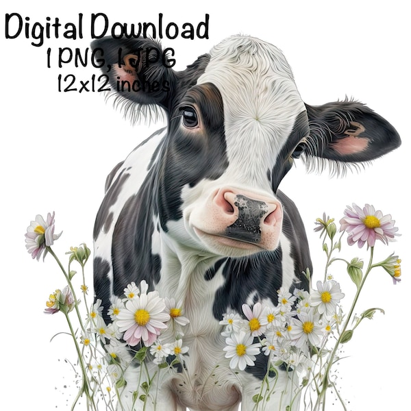 Dairy Milk Cow Watercolor Clipart Highland Cow Daisy Flowers PNG Commercial Use Farm Milk Cow Graphic Dairy Cattle Design Illustration Print